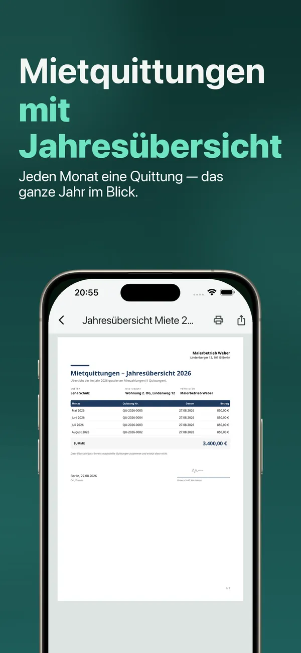 Mietquittungen mit Jahresübersicht: jeden Monat eine Quittung, das ganze Jahr im Blick