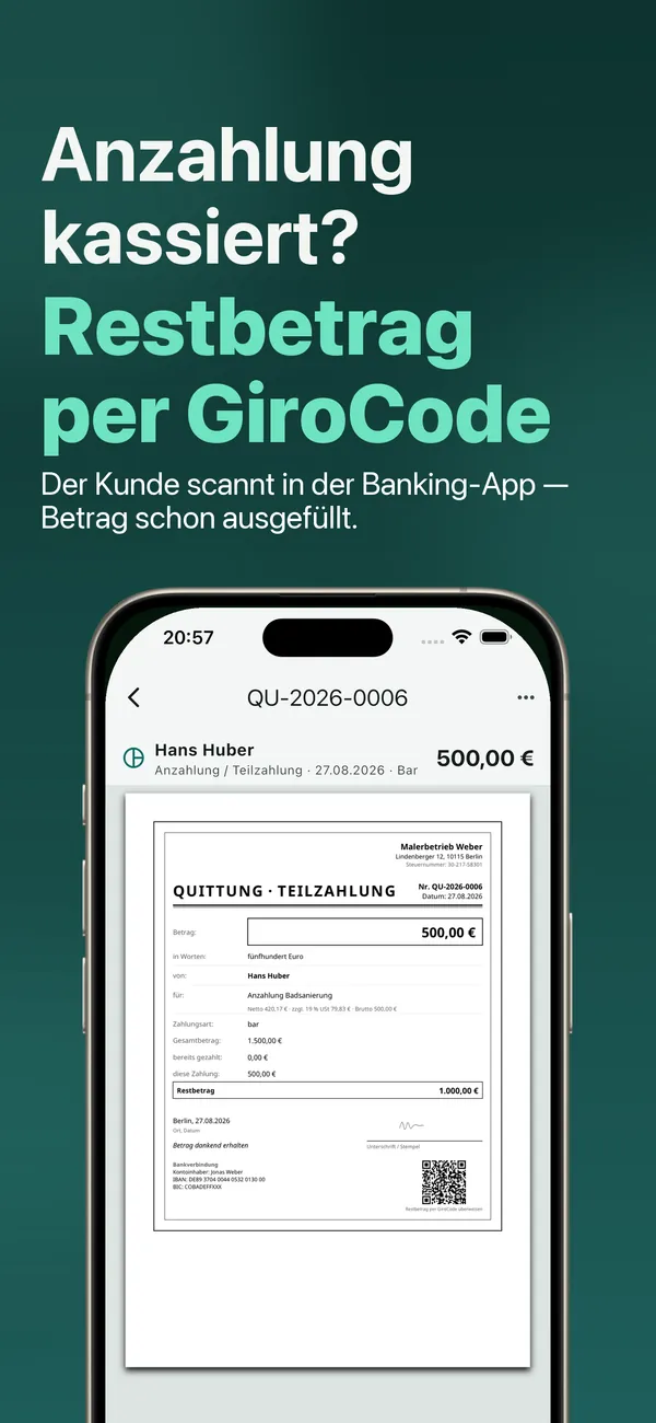 Anzahlung kassiert? Restbetrag per GiroCode – der Kunde scannt ihn in seiner Banking-App