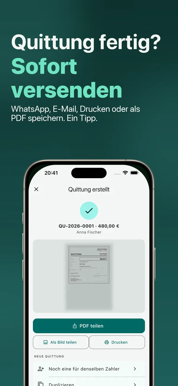 Quittung fertig: per WhatsApp, E-Mail, Drucker oder als PDF weitergeben