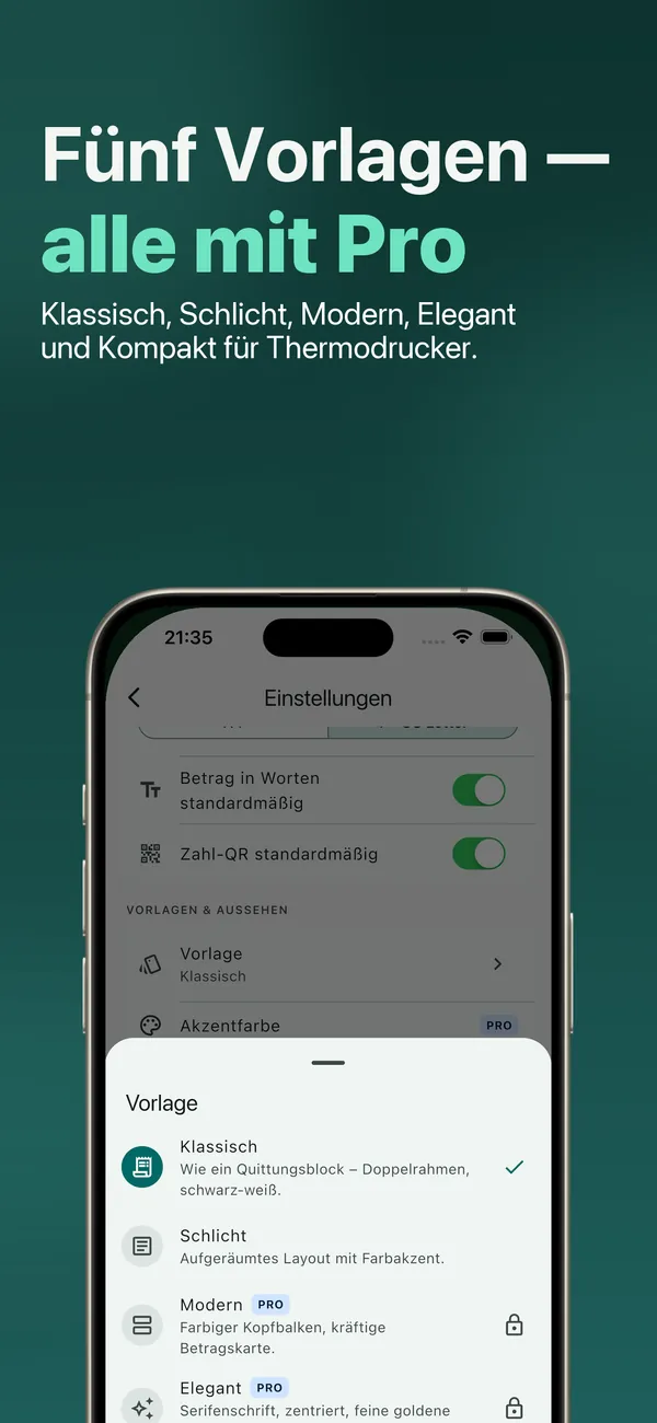 Fünf Vorlagen: Klassisch, Schlicht, Modern, Elegant und Kompakt für Thermodrucker – alle mit Pro
