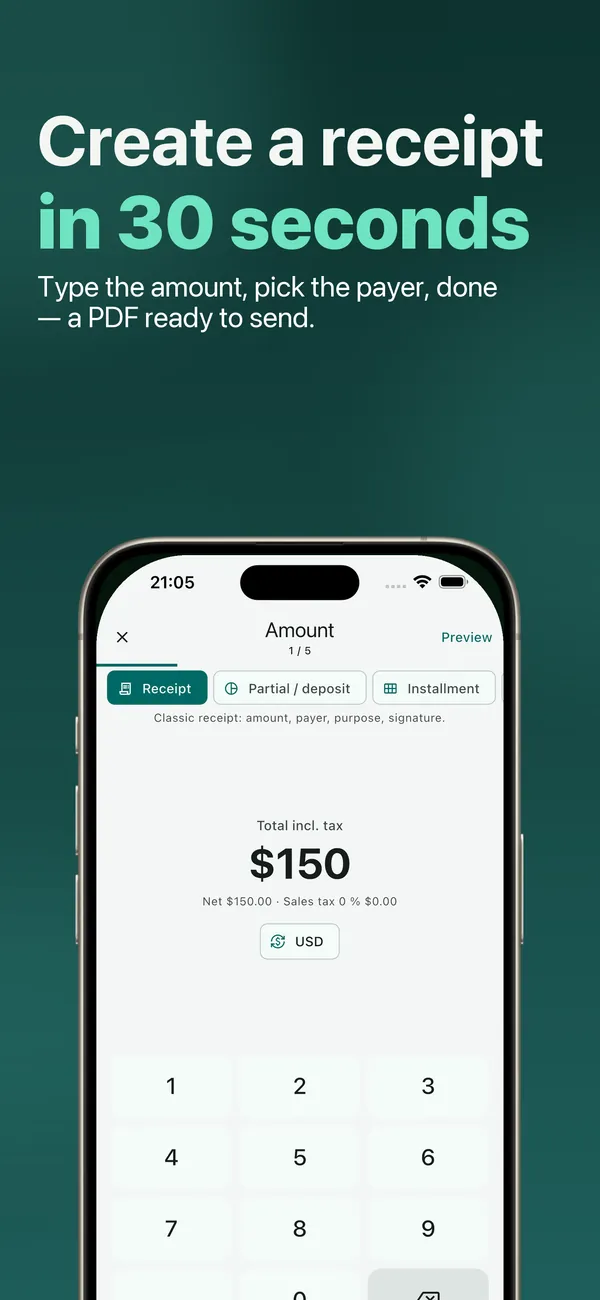 App screen: create a receipt in 30 seconds — type the amount on the number pad, pick the payer, done