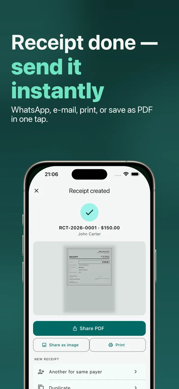 Receipt done: share the PDF, share it as an image or print it in one tap
