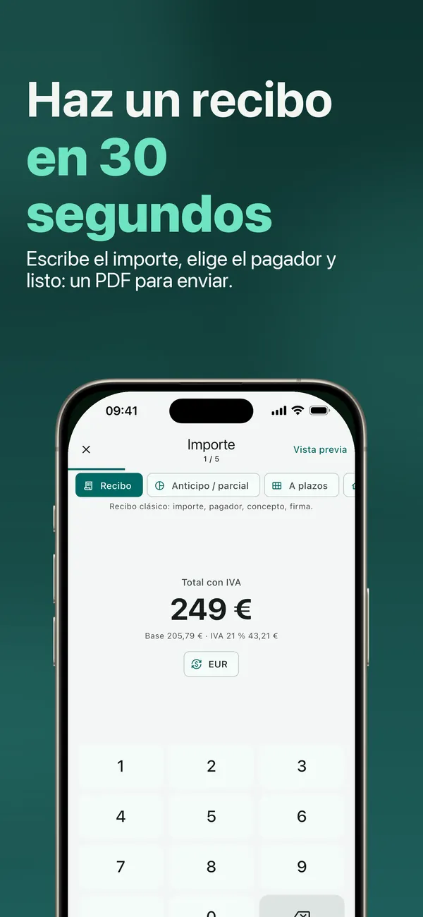 Pantalla de la app: haz un recibo en 30 segundos, escribe el importe, elige el pagador y el PDF está listo
