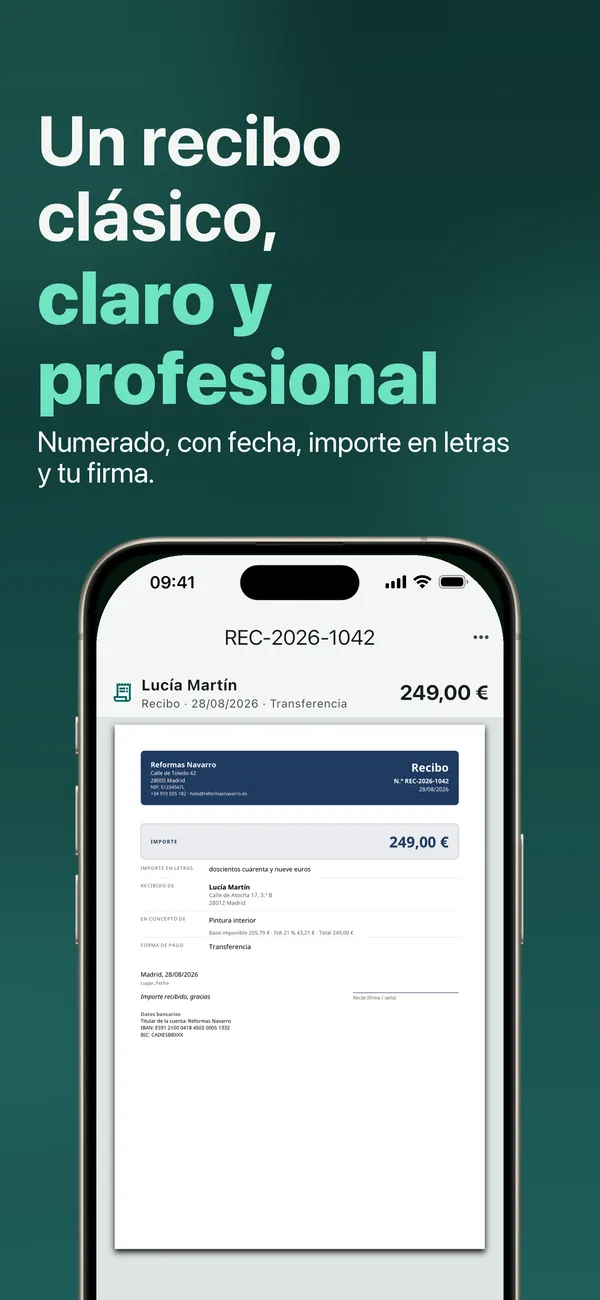 Un recibo clásico, claro y profesional: numerado, con fecha, importe en letras y tu firma