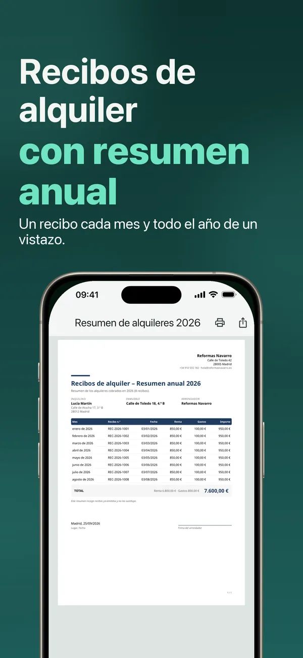 Recibos de alquiler con resumen anual: un recibo cada mes y todo el año de un vistazo
