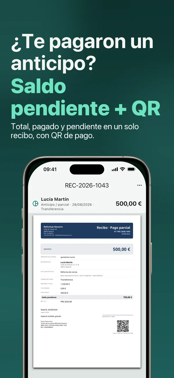 ¿Te pagaron un anticipo? Total, pagado y pendiente en un solo recibo, con QR de pago