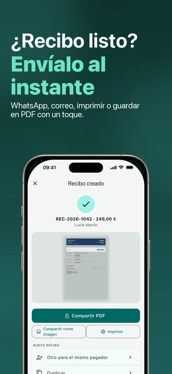 Recibo listo: envíalo por WhatsApp o correo, imprímelo o guárdalo en PDF con un toque