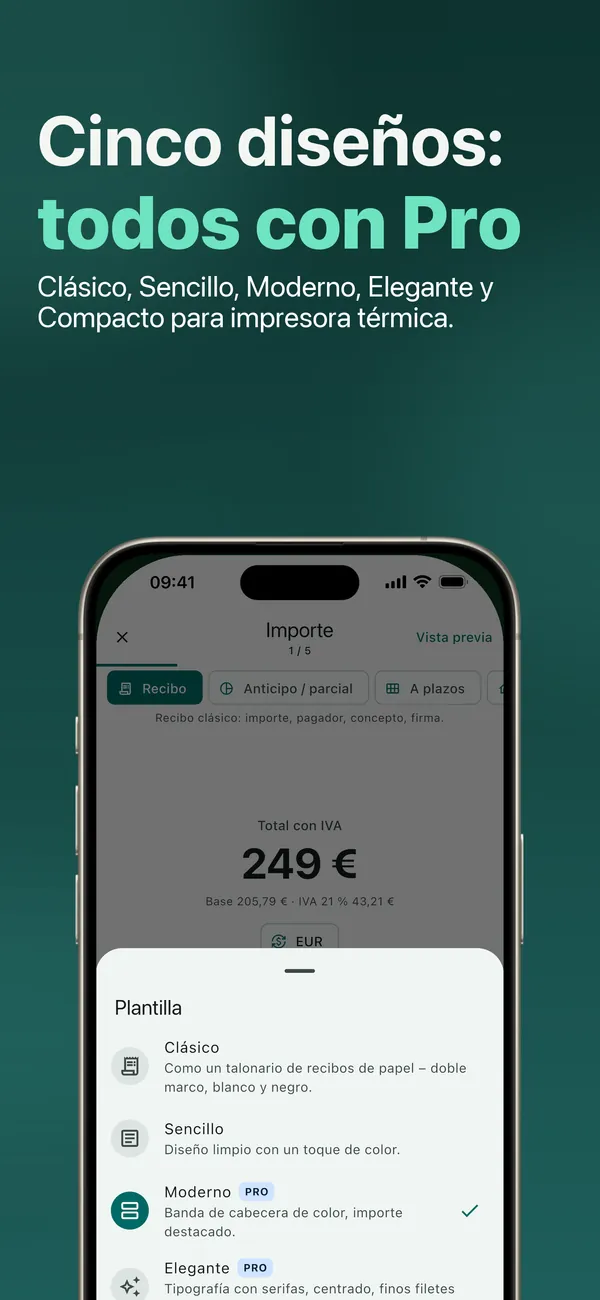 Cinco diseños: Clásico, Sencillo, Moderno, Elegante y Compacto para impresora térmica, todos con Pro
