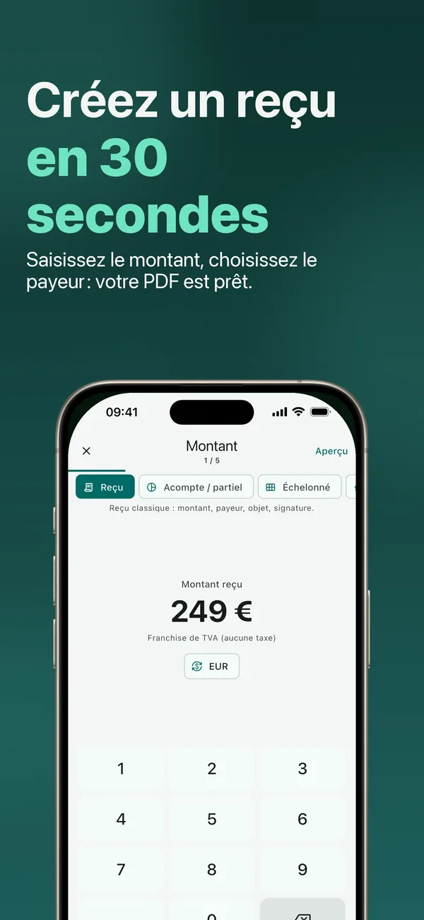 Écran de l’app : créez un reçu en 30 secondes, saisissez le montant, choisissez le payeur, votre PDF est prêt