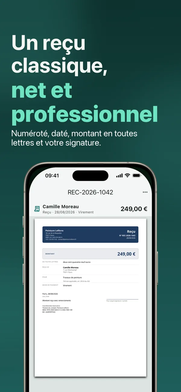 Un reçu classique, net et professionnel : numéroté, daté, montant en toutes lettres et votre signature