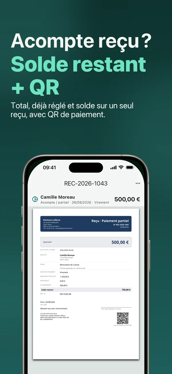 Acompte reçu ? Total, déjà réglé et solde restant sur un seul reçu, avec QR de paiement