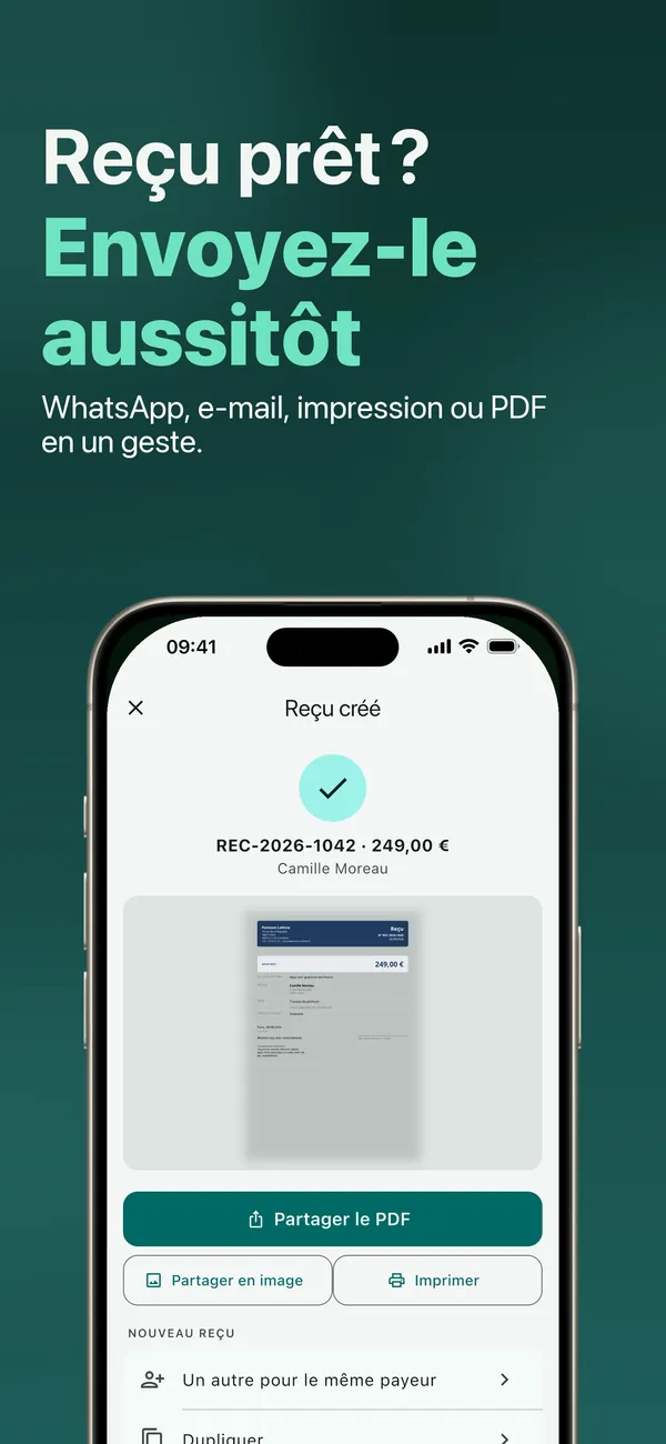 Reçu prêt : envoyez-le par WhatsApp, e-mail, impression ou PDF en un geste