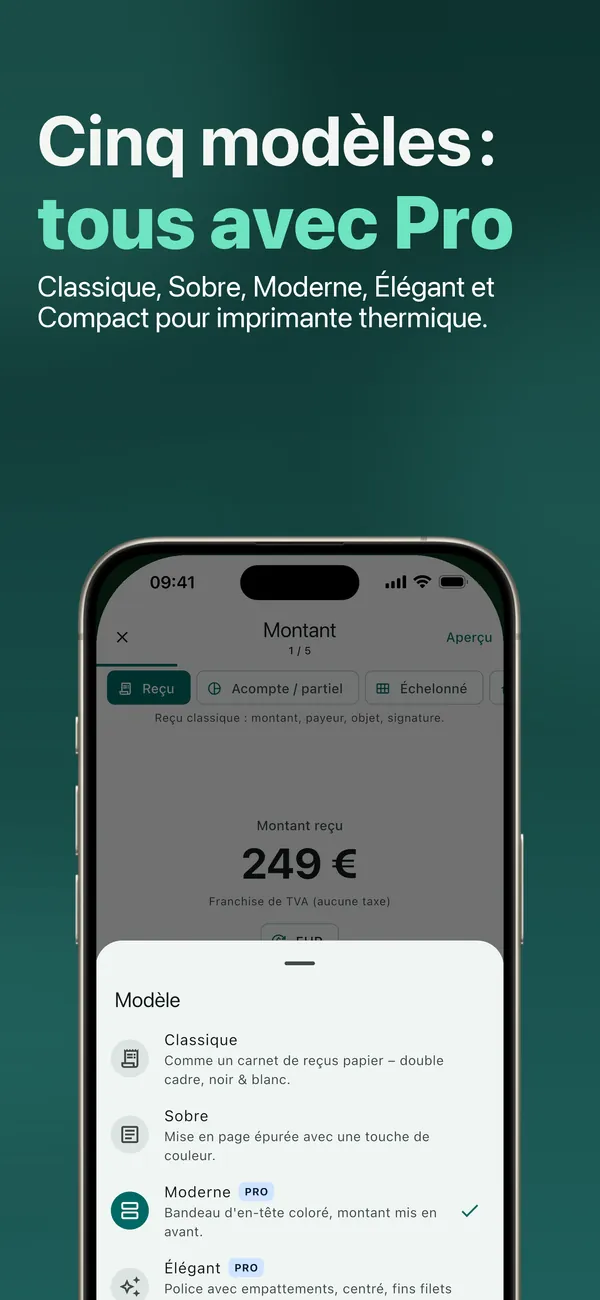 Cinq modèles : Classique, Sobre, Moderne, Élégant et Compact pour imprimante thermique, tous avec Pro