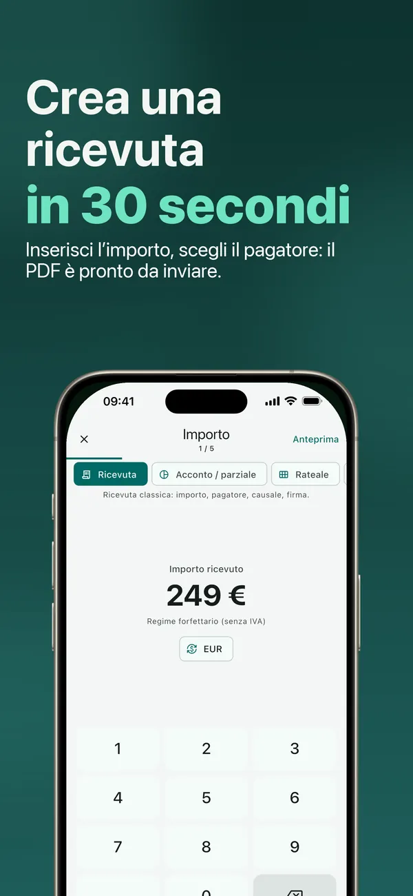 Schermata dell’app: crea una ricevuta in 30 secondi, inserisci l’importo, scegli chi paga e il PDF è pronto