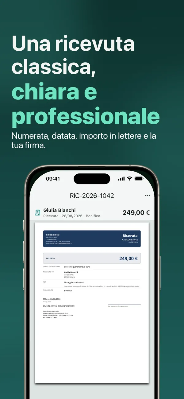 Una ricevuta classica, chiara e professionale: numerata, datata, con importo in lettere e la tua firma