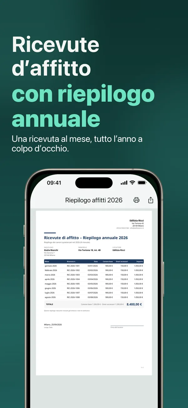 Ricevute d’affitto con riepilogo annuale: una ricevuta al mese, tutto l’anno a colpo d’occhio