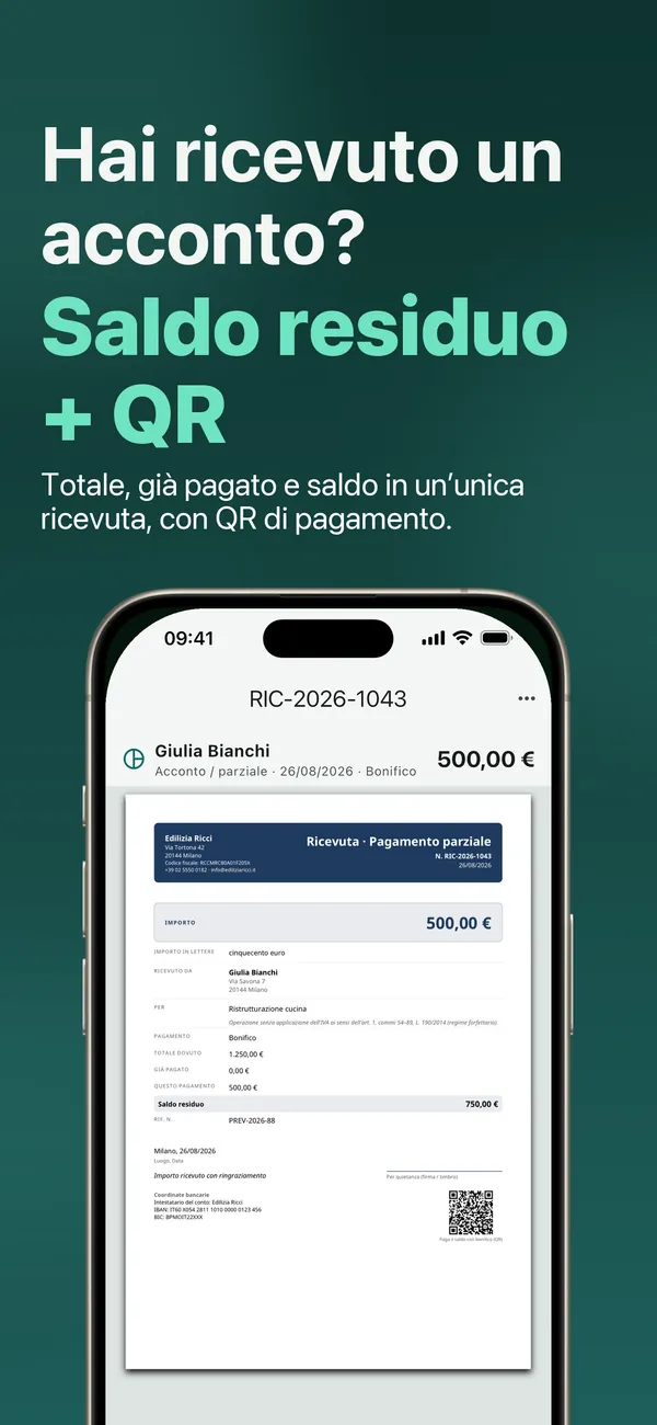 Hai ricevuto un acconto? Totale, già pagato e saldo residuo in un’unica ricevuta, con QR di pagamento