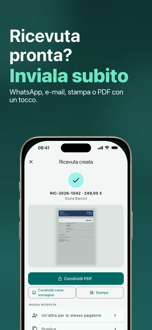 Ricevuta pronta: inviala via WhatsApp o e-mail, stampala o salvala in PDF con un tocco